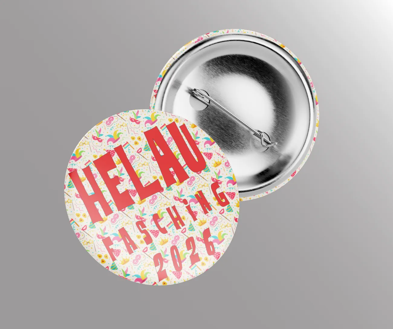 Button mit buntem Konfetti-Muster und der Aufschrift Helau Fasching 2026