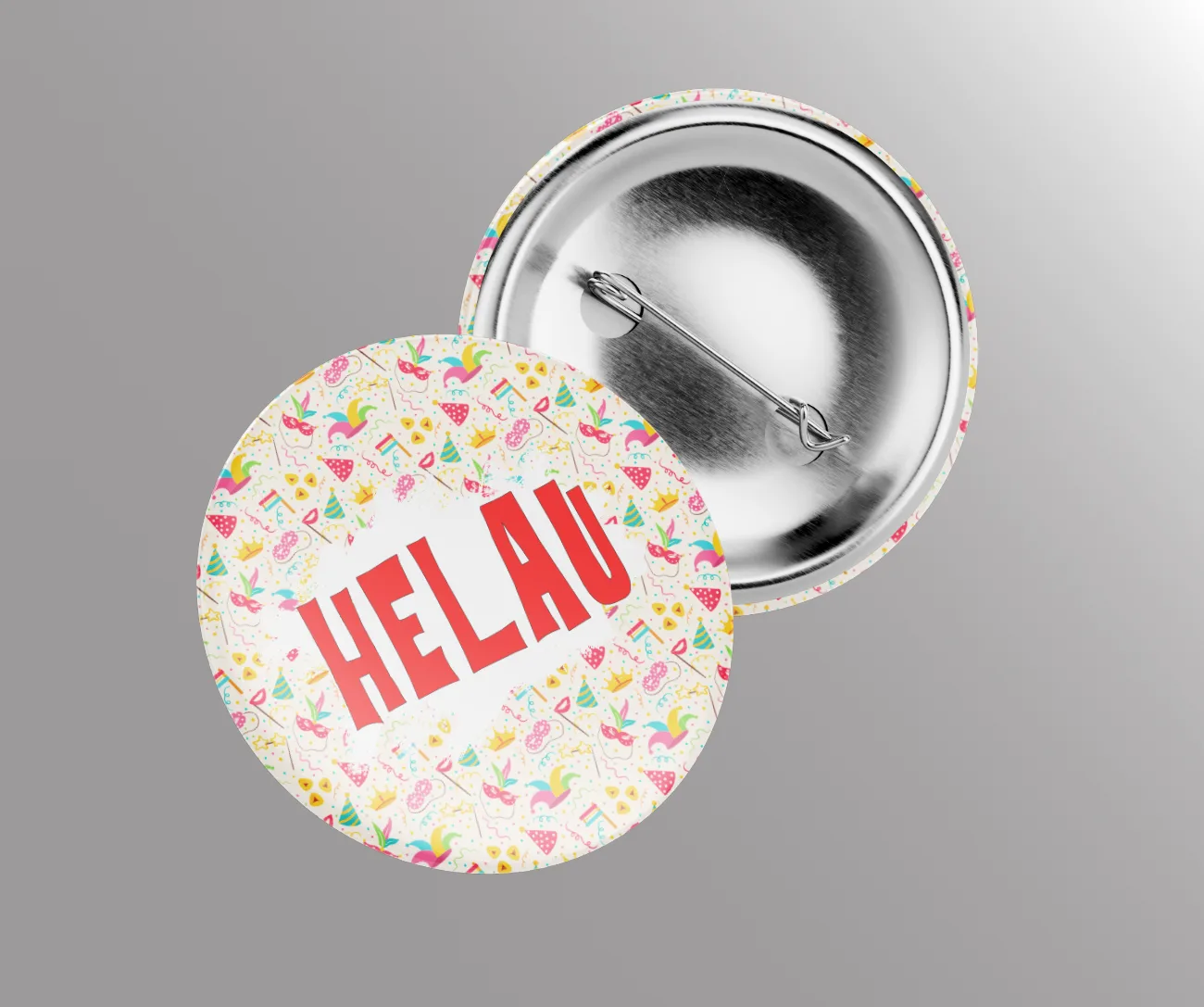 Button mit bunten Blumen und Herzen und dem roten Schriftzug Helau