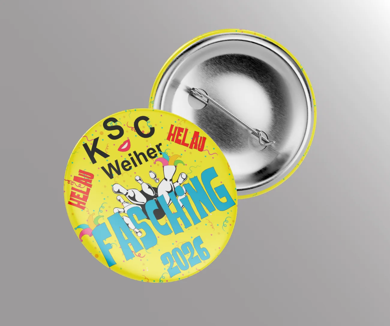 Gelber Button mit der Aufschrift KSC Weiher Fasching 2026 in Blau und Rot