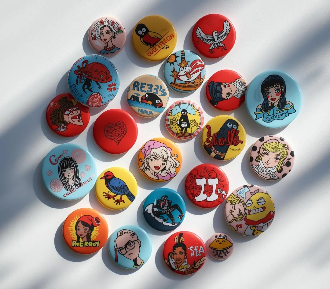 Viele bunte Ansteckbuttons mit gezeichneten Gesichtern, Tieren und Figuren auf einem hellen Tisch verteilt