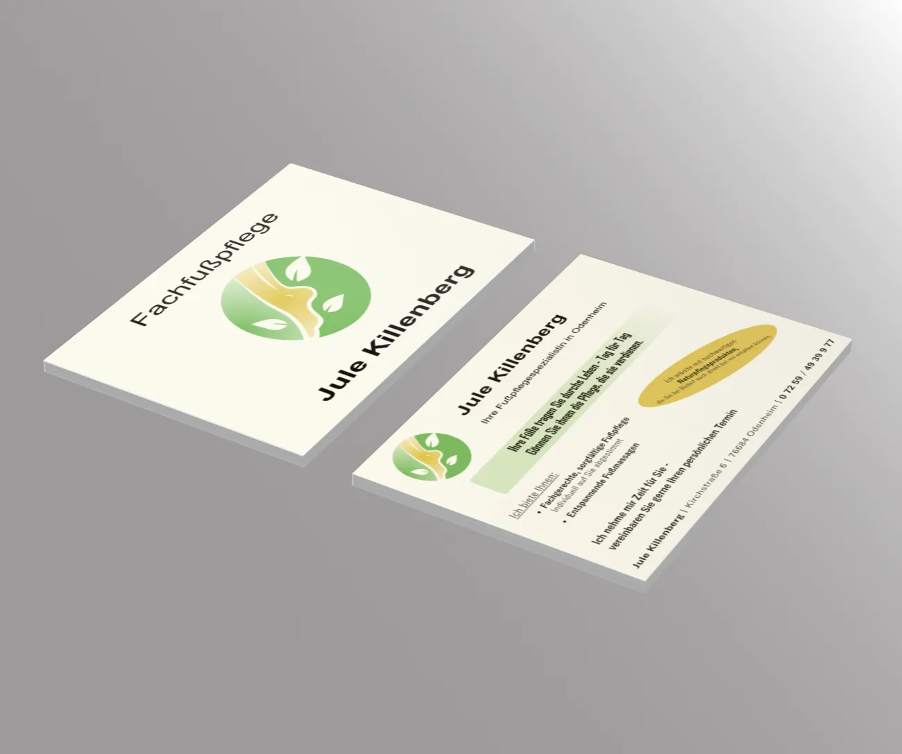 Flyer und Visitenkarte in Creme und Grün für die Fachfußpflege Jule Killenberg