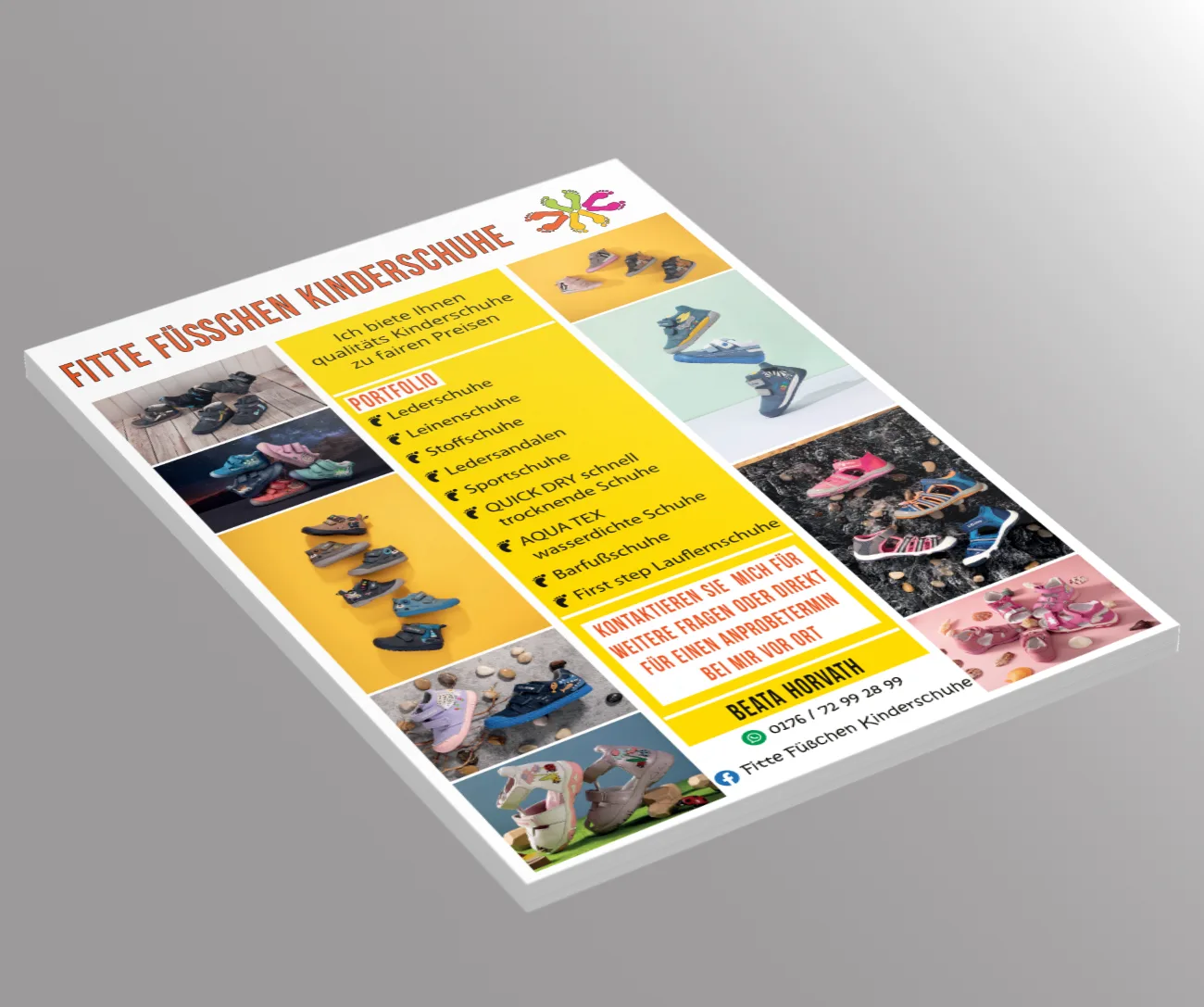 Bunter Flyer mit Fotos und gelbem Kasten zum Thema Kinderschuhe