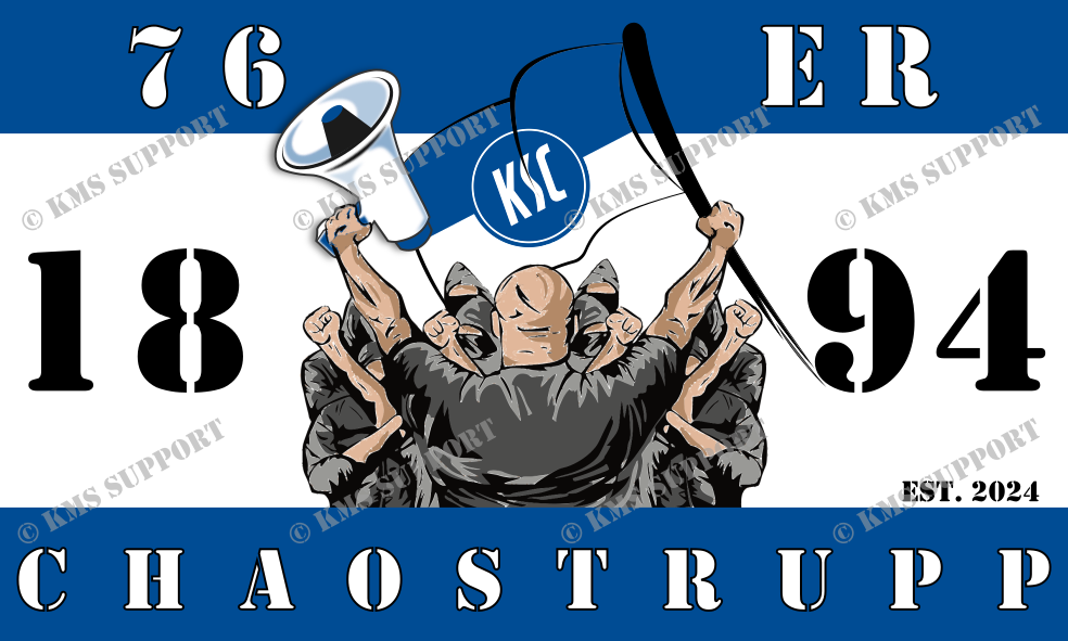 Blau-weißer Sticker mit gezeichneter Fangruppe und Fahne, Aufschrift 76er Chaostrupp 1894