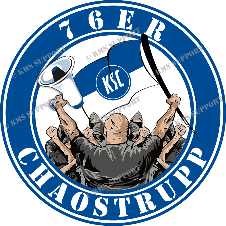 Runder blauer Sticker mit gezeichneter Fangruppe und KSC-Fahne, Umschrift 76er Chaostrupp