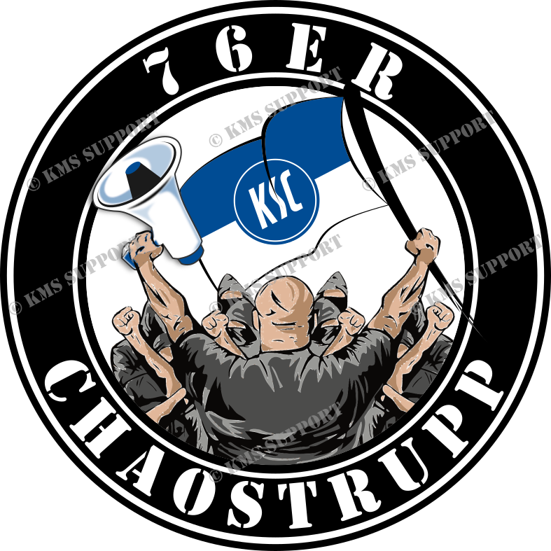 Runder schwarz-weißer Sticker mit gezeichneter Fangruppe und KSC-Fahne, Umschrift 76er Chaostrupp