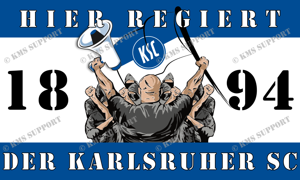Blau-weißer Sticker mit gezeichneter Fangruppe, Aufschrift Hier regiert der Karlsruher SC 1894