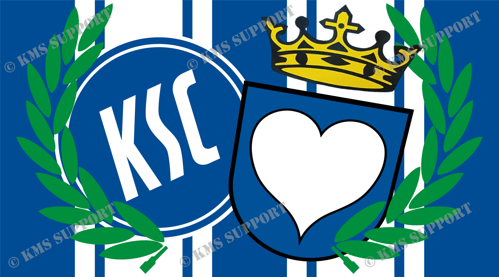 Blau-weiß gestreifter Sticker mit KSC-Wappen, Krone, Lorbeerkranz und Wappenschild mit weißem Herz