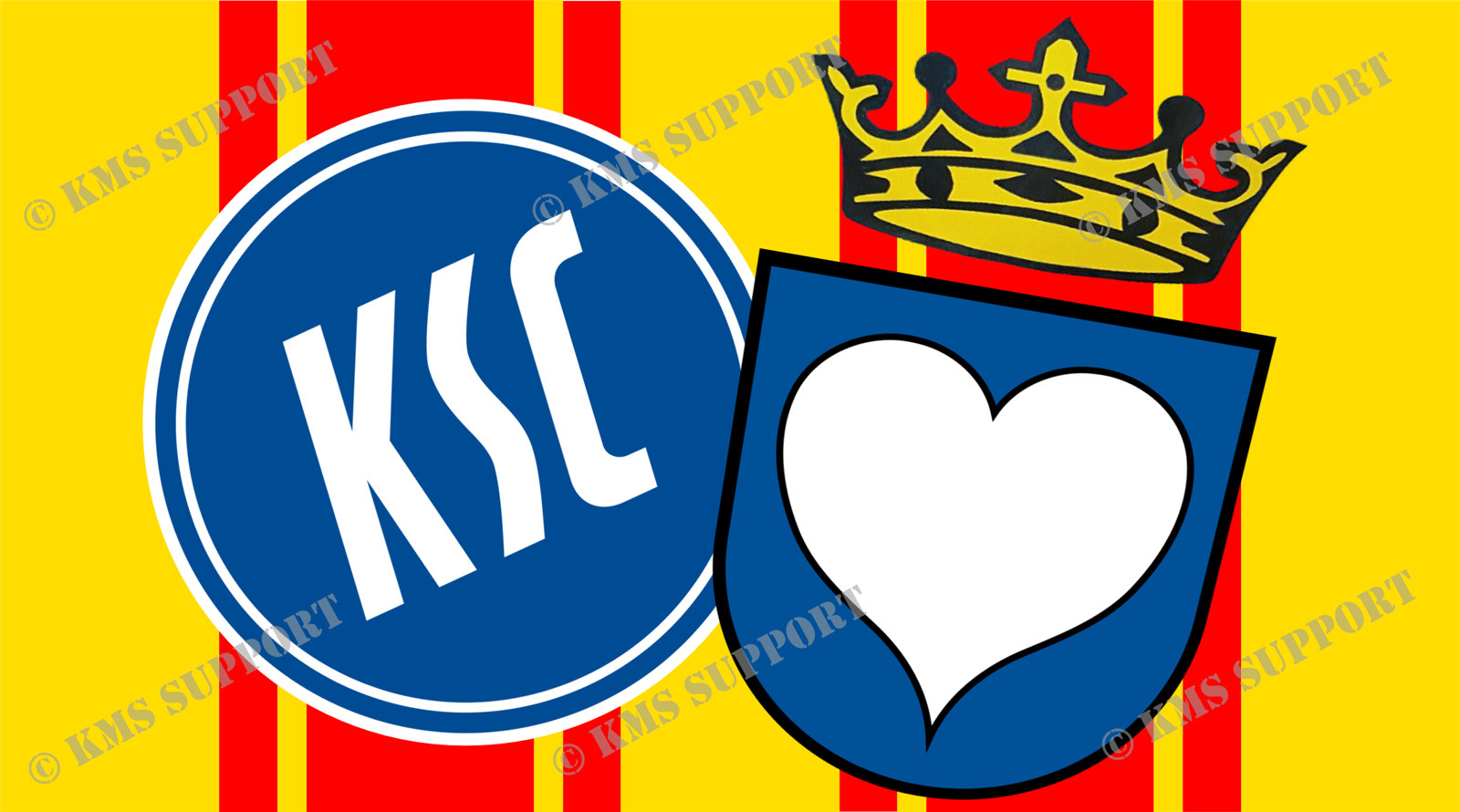 Gelb-roter Sticker mit KSC-Wappen, Krone und einem Wappenschild mit weißem Herz